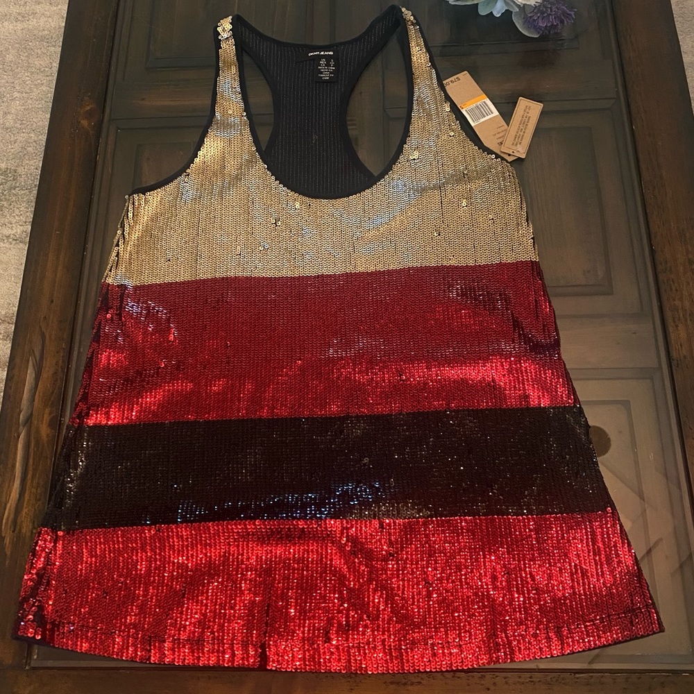 DKNY sequined top metallic Gold Black Red size S